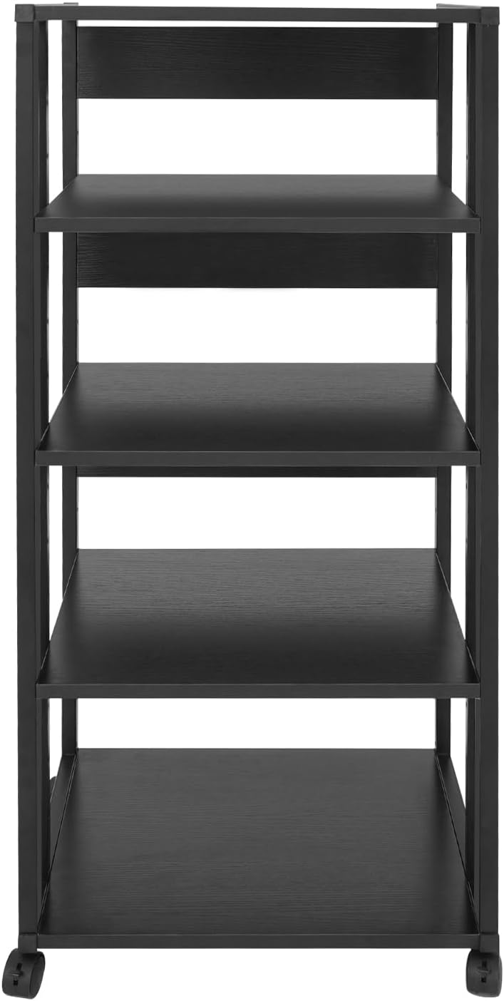 5-Tier Audio-Video Media Stand with Adjustable Shelves, Home AV Media Stand Rack with 4 Lockable Wheels, Freestanding Media Stand for Holding Amplifiers, Books (Black)