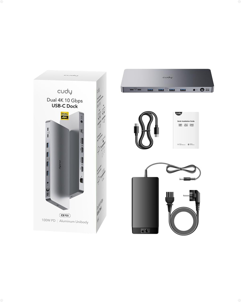 Cudy USB 3.2 Gen 2 Dual 4K 60Hz Display Docking Station, Up to 2 Monitor Display, 10Gbps USB C, 2 HDMI & Display Ports, 1000Mbps RJ45 Port, 100 Watts PD, 150 Watts PSU, DisplayLink, CS700