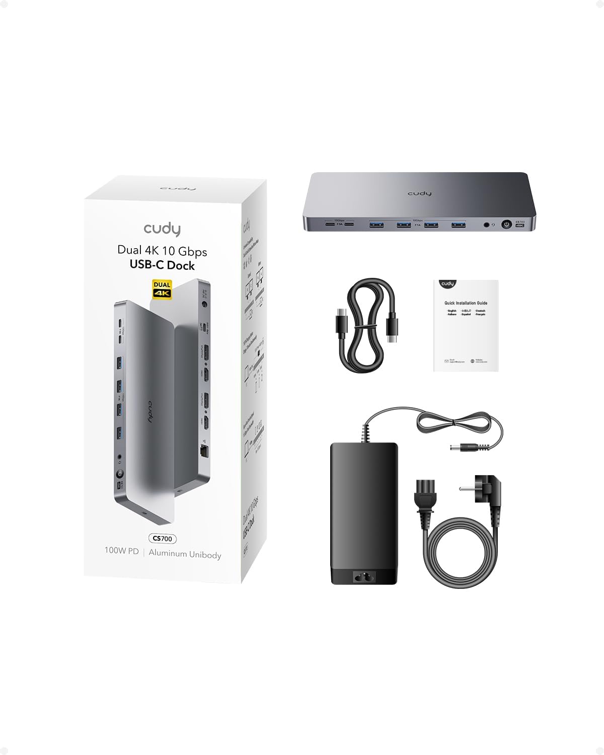 Cudy USB 3.2 Gen 2 Dual 4K 60Hz Display Docking Station, Up to 2 Monitor Display, 10Gbps USB C, 2 HDMI & Display Ports, 1000Mbps RJ45 Port, 100 Watts PD, 150 Watts PSU, DisplayLink, CS700