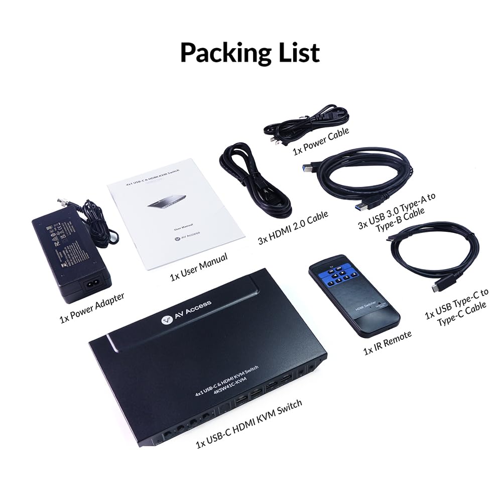 AV Access KVM Switch 1 Monitor 4 Computers (3 Desktops & 1 Laptop), USB C Fast Charging for Laptop, 4K@60hz HDMI Display, 2xUSB 3.0, EDID, Hotkey or IR Remote, for 4 PCs Share 1 Keyboard&Mouse