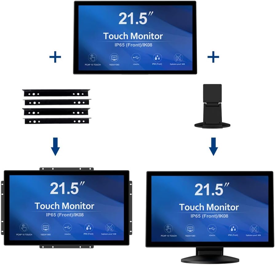 GreenTouch 21.5 inch 10 Points Touch Front IK08/IP65 Open Frame Touch Monitor Desktop or Wall Mountable Multi Point Touch 1920x1080