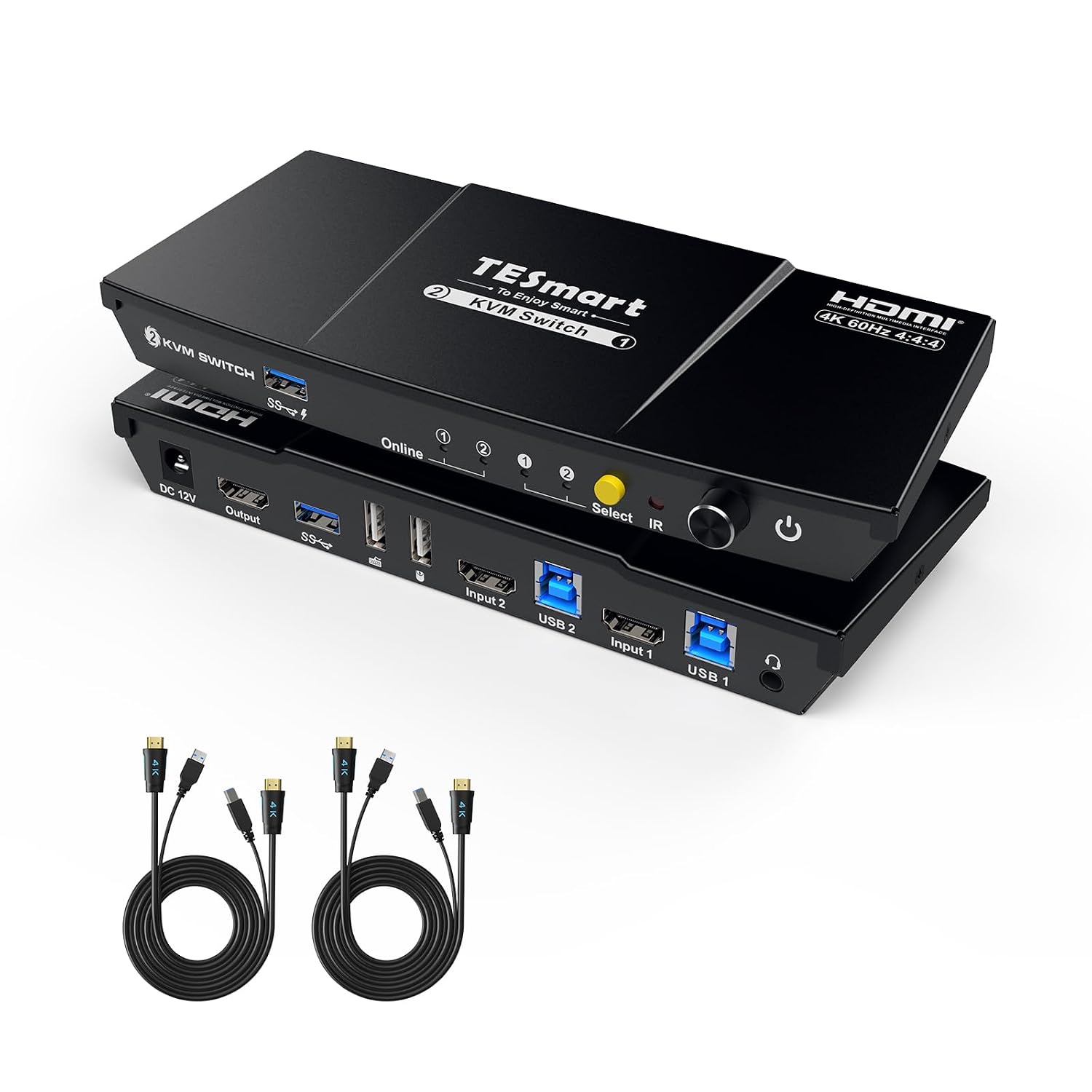 TESmart USB 3.0 HDMI KVM Switch 1 Monitor 2 Computers 4K@60Hz, L/R Audio & Microphone, 2 Port EDID Emulators, Hotkey Switching, Button Switching with Remote Switch and All Input Cables