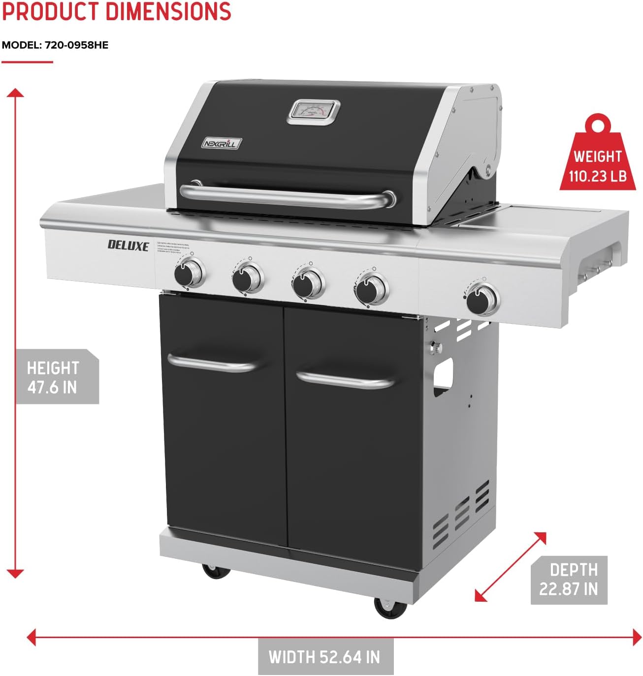 Nexgrill 4-Burner Dual Fuel Gas Grill with Side Burner and Griddle Insert, 626 SQ In Total Cooking Space, 59,000 BTUs Output, BBQ Grill Perfect for Outdoor Gatherings - 720-0958HE