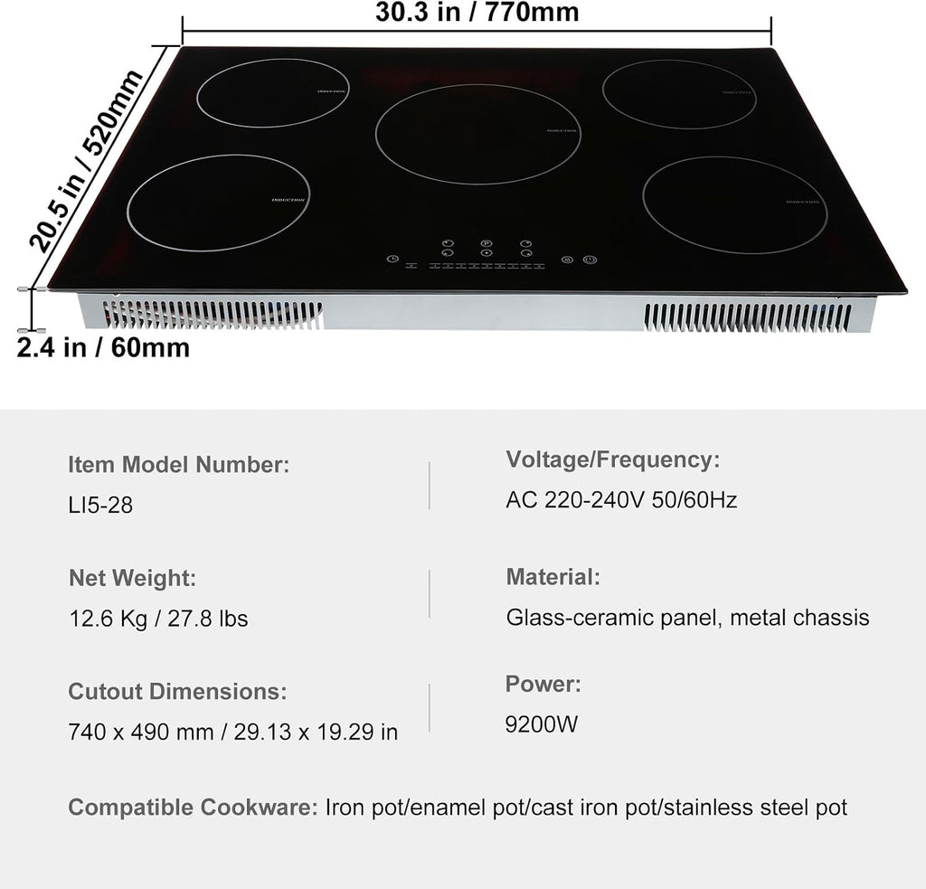 Happybuy Electric Cooktop, 5 Burners, 30'' Induction Stove Top, Built-in Magnetic Cooktop 9200W, 9 Heat Levels, LED Touch Control with Child Lock & Overheat Protection