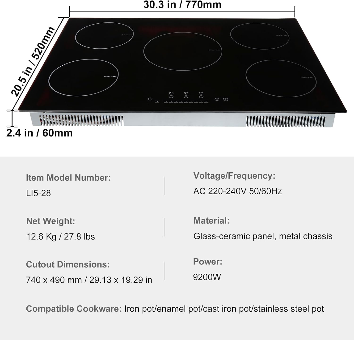 Happybuy Electric Cooktop, 5 Burners, 30'' Induction Stove Top, Built-in Magnetic Cooktop 9200W, 9 Heat Levels, LED Touch Control with Child Lock & Overheat Protection