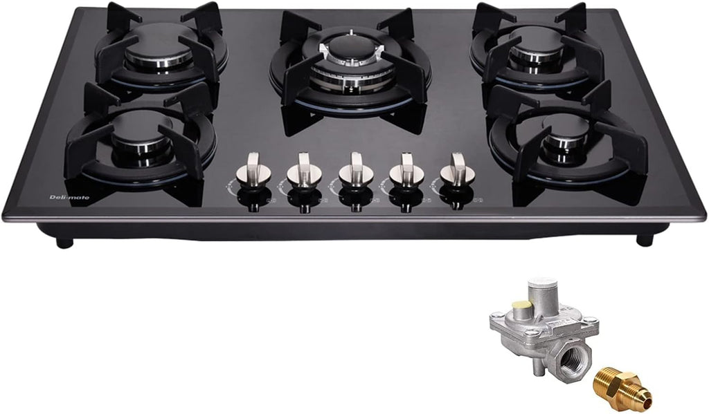 30 Inch Gas Cooktop, Built-in Tempered Glass 5 Burners Gas Stovetop LPG/NG Convertible Gas Stove Top Dual Fuel Gas Hob DM517-01