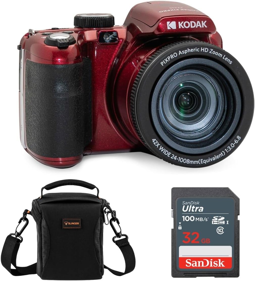 Kodak PIXPRO AZ425 Astro Zoom 20MP Full HD Digital Camera, Red, Bundle with 32GB Memory Card and Bag