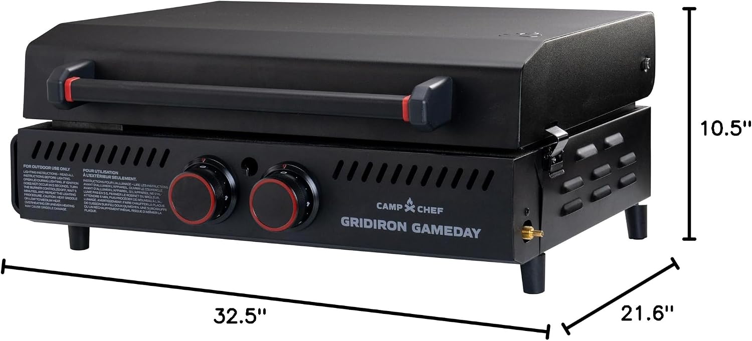 Gridiron Gameday 24' Portable Propane Grill – Flat Top Tabletop Griddle with Hinged Lid, 24,000 BTUs, Flamethrower Ignition, Dual Heat Zones, Adjustable Legs for Tailgating, Camping & Outdoor Cooking