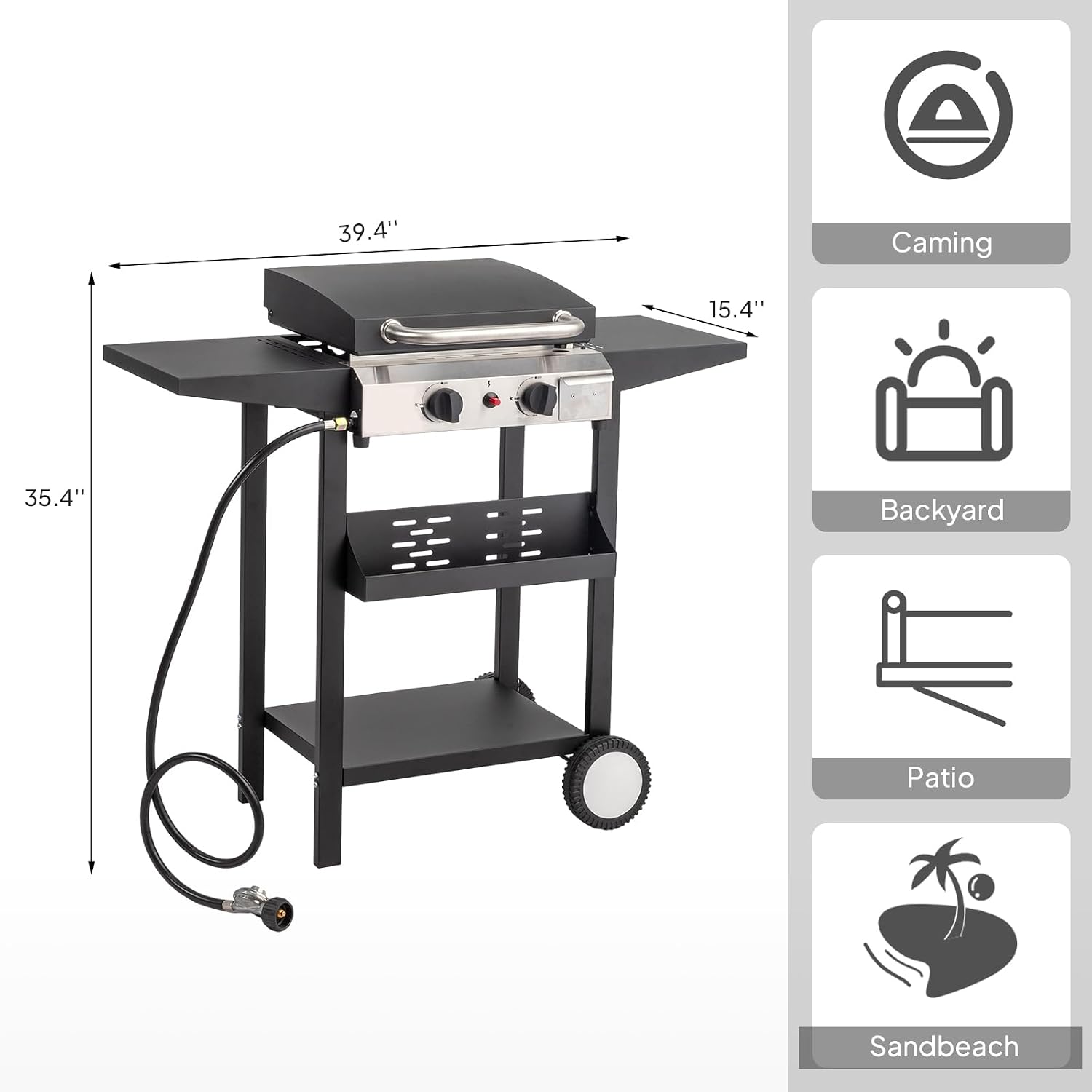 ROVSUN 2 Burner Portable Propane Griddle with Electronic Ignition, 20000 BTU Rolling Flat Top Gas Grill with Enameled Tray & Lid, Side Shelves & Regulator for Outdoor Cooking Camping BBQ Tailgating