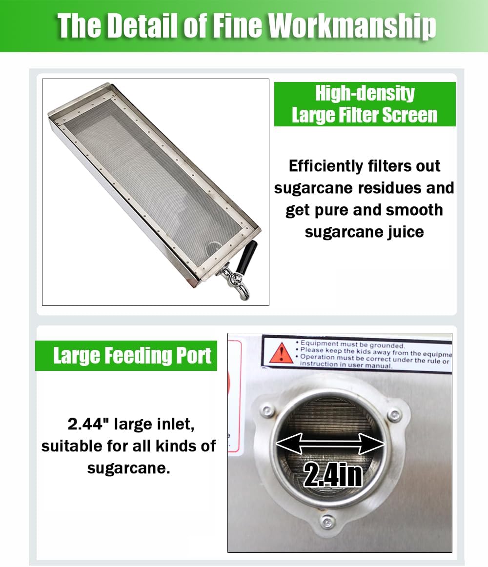 Manual Sugarcane Juicer - Stainless Steel 3-Roller Commercial Juice Extractor, 2.4in Inlet, 330lbs/h Output, Sugar Cane Press Machine, Sugarcane Juice Squeezer for Home and Business