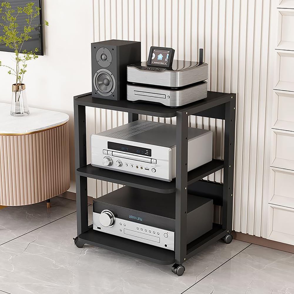 AV Media Stand 3-Tier Movable Record Player DVD CD Audio Rack Tower Holder, Adjustable Media Storage Cabinet, Equipment Console Shelf for Home Office Theater,Black,H27.4in/69.5cm