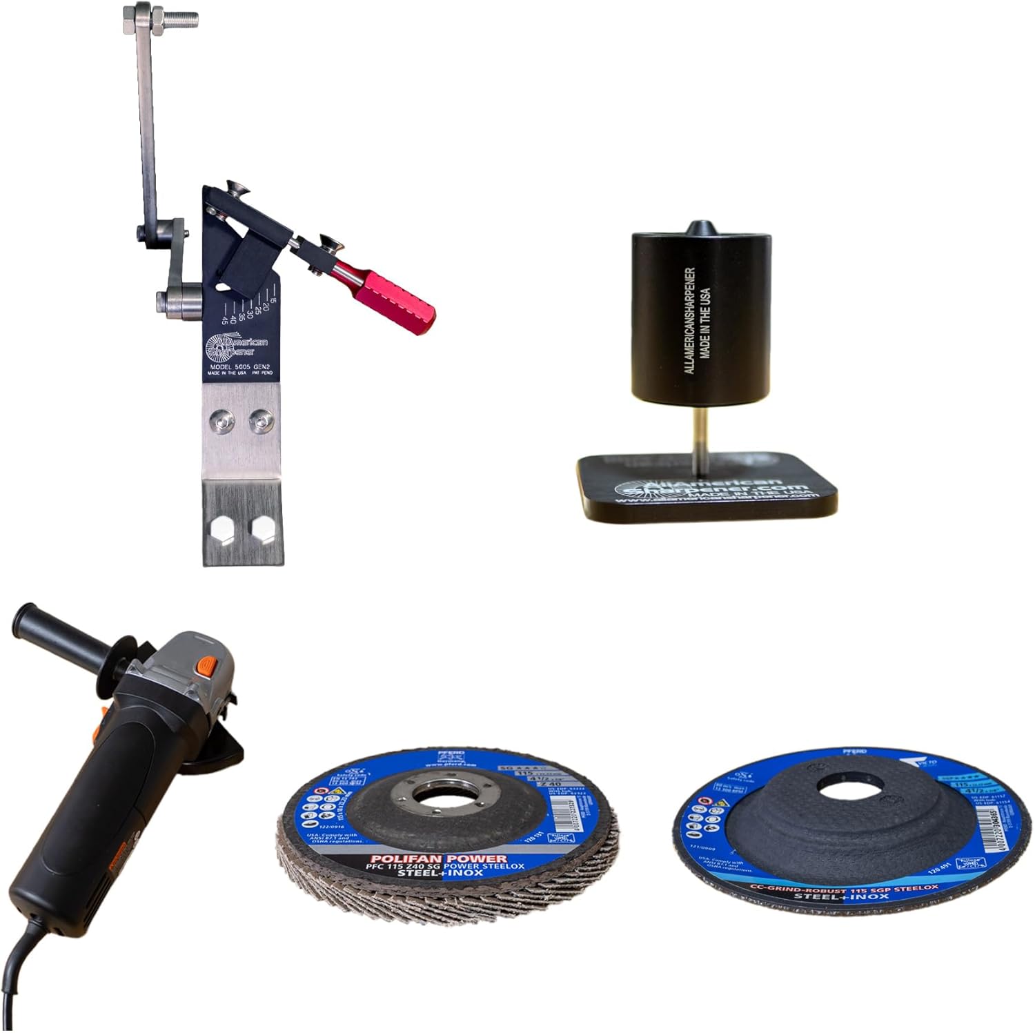 Authentic All American Sharpener Full Kit Combo for Sharpening Mower Blades - Includes Model 5005 Gen 2, All American Balancer, Angle Grinder, 40 Grit T29 Flap Disc, CC Grind Disc