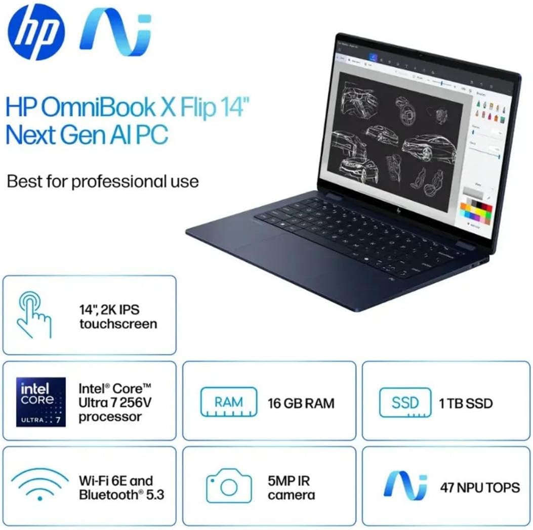 HP OmniBook X Flip 2-in-1 Laptop,14' 2K Touch-Screen Laptop Computer,Intel Core Ultra 7, Arc 140V GPU Copilot+ PC,16GB RAM 512GB SSD,Thunderbolt 4,with Lifetime Office,Win 11 Pro,Atmospheric Blue