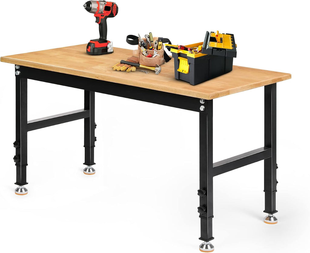 Betterhood 48' Heavy-Duty Adjustable Workbench for Garage, Rubber Wood Shop Table W/Rubber Pads, Hardwood Workstation Weight Capacity Over 2000 Lbs