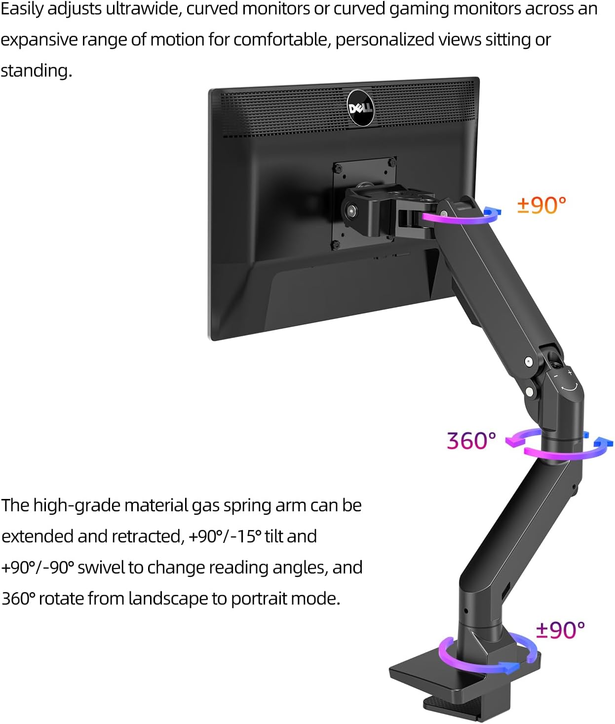 Monitor Arm Desk Mount Fits Curved Ultrawide Monitors Full Motion Height Swivel Tilt Rotation Adjustable Monitor Arm Up to 43 Inches,Weight Capacity Up to 33 lbs（S515 Black）