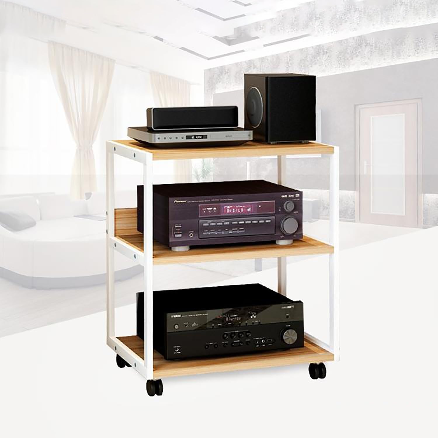 Black Media Cabinet with Wheels, Audio Rack & Game Console Shelf, Corner Storage Tower for TV Accessories & Stereo Equipment, 50.3x40x70 cm - Stylish & Functional Storage Solution