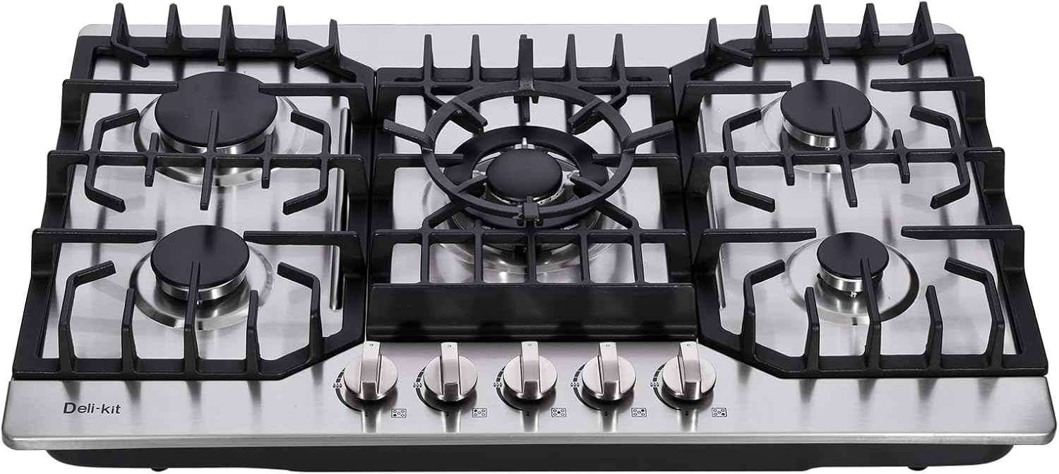 30 Inch Gas Cooktop, Stainless Steel Built-in 5 Burners Stovetop Dual Fuel Gas Hob NG/LPG Convertible Gas Cooktop DK5712