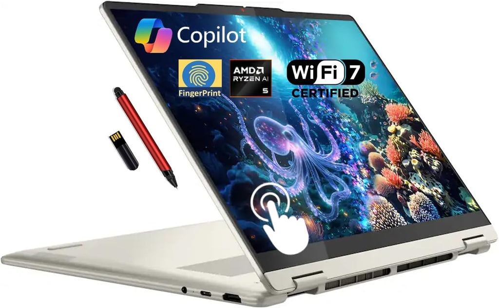 Lenovo Yoga 7 2-in-1 Copilot+ AI PC Laptop, 14' 2K OLED Touch (100% DCI-P3), AMD Ryzen AI 5 340 (Up to 50 Tops), 16GB LPDDR5, 512GB SSD, for Creator Business Professional, Windows 11, EAT 16GB USB PEN