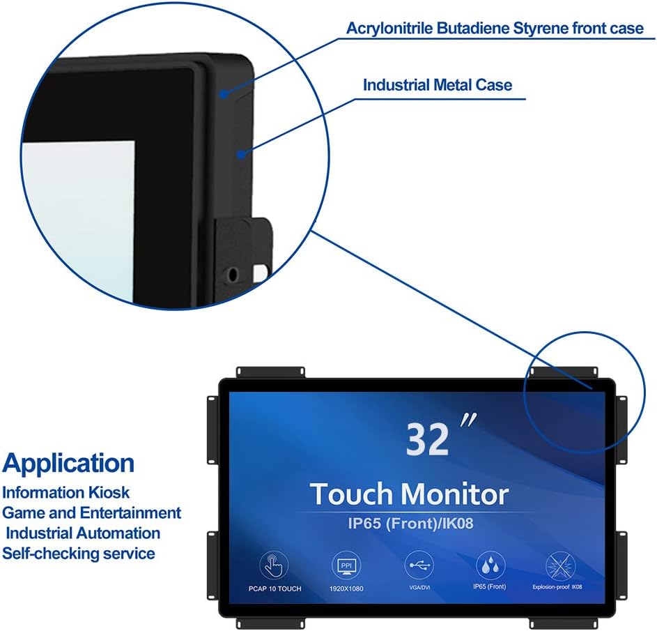 GreenTouch 32 inch 10 Points PCAP Open Frame Touch Screen Industrial LCD Display Monitor HDMI+VGA+DVI Video Port