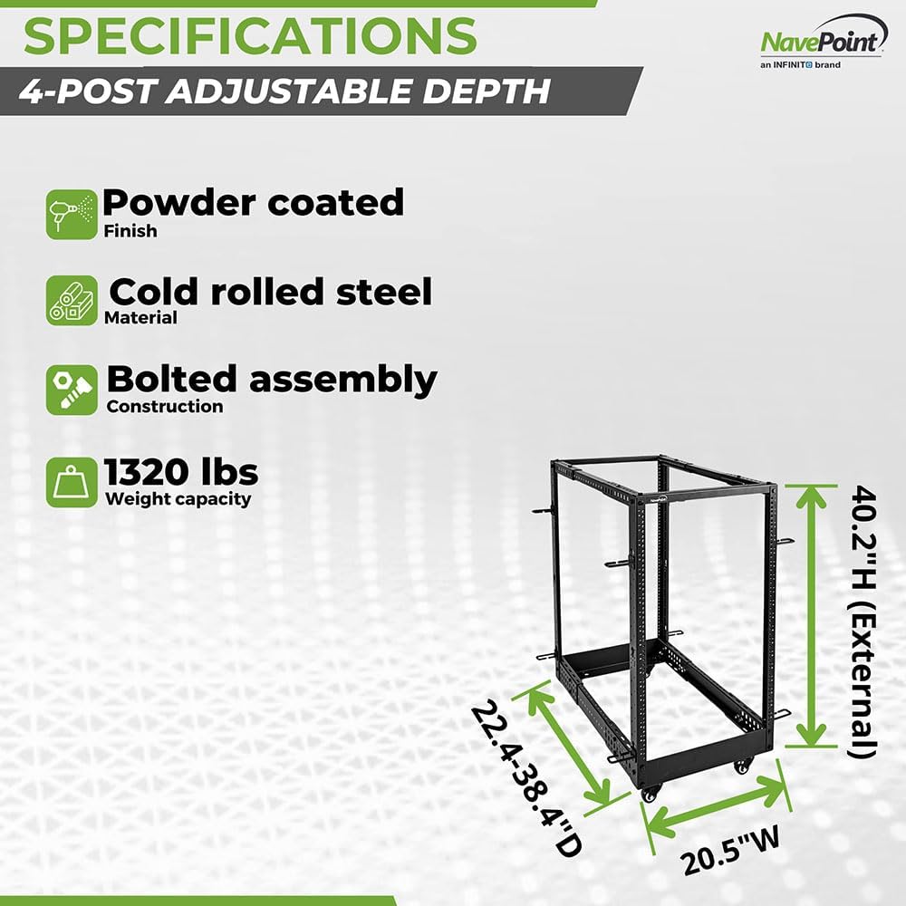 NavePoint 18U 4 Post Server Rack – Open Frame Rack for 19 Inch Equipment, Adjustable Depth 4-Post Network Rack with Casters Wheels, 18U Server Rack 1320lbs Capacity, Black