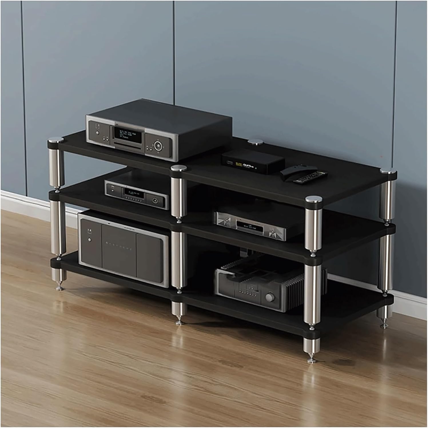Stereo Stands Modern Audio Rack Tower AV Media Stand Wooden Tiered Shelves 2 Tier,3 Tier,4 Tier Audio Rack Shelf AV Media Player Stand(Black,3 Tier)