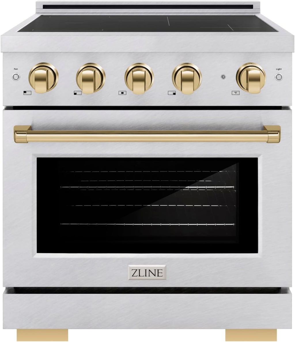 ZLINE Autograph Edition 30 in. 4.2 cu. ft. Paramount Induction Range with 4 Element Cooktop and Electric Convection Oven in Satin Stainless Steel with Polished Gold Accents (SINRSZ-30-G)
