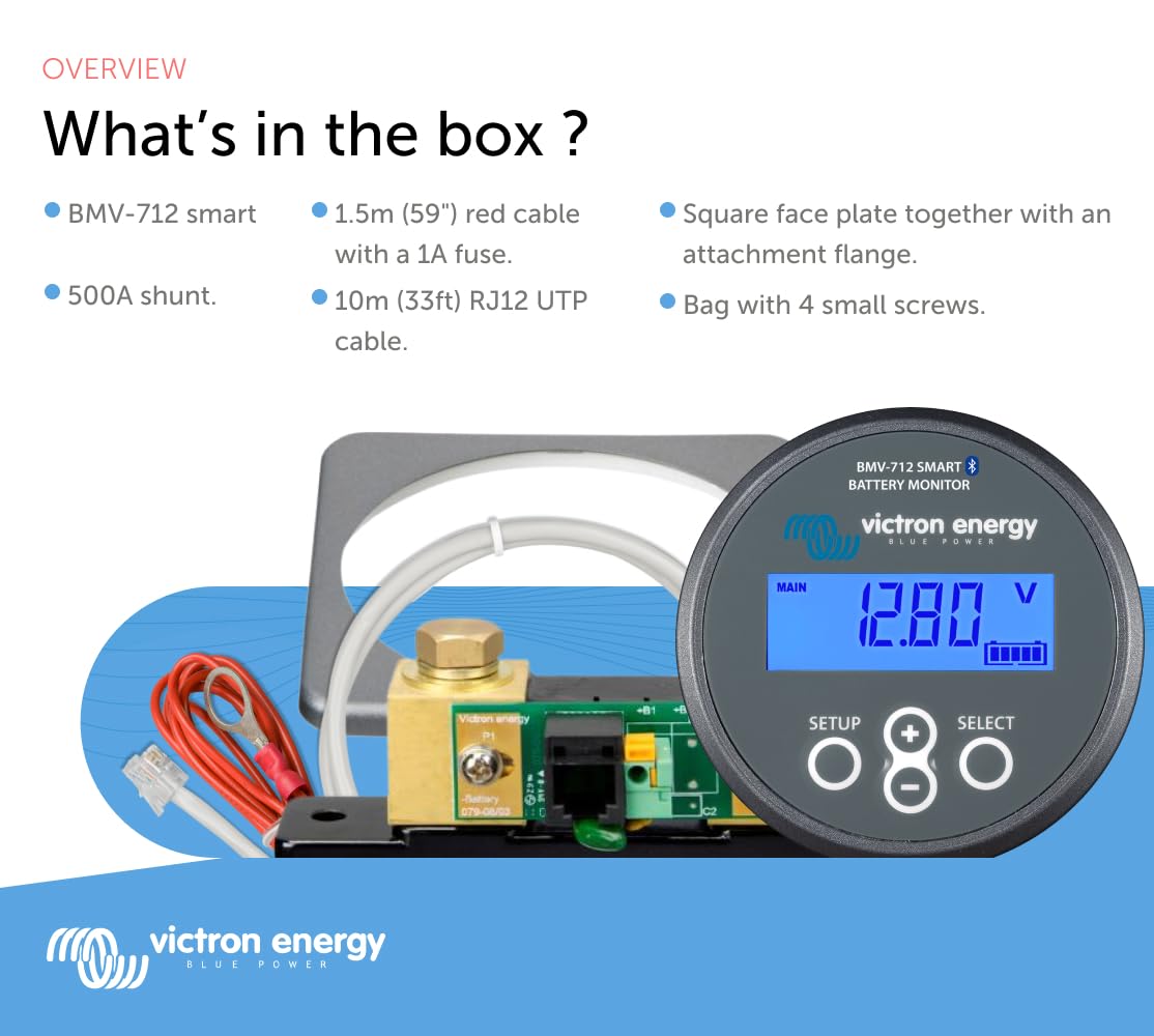Victron Energy BMV-712 Smart Battery Monitor with Shunt - 6.5-70 VDC - Display, Bluetooth and Detailed in-App Insights- Grey