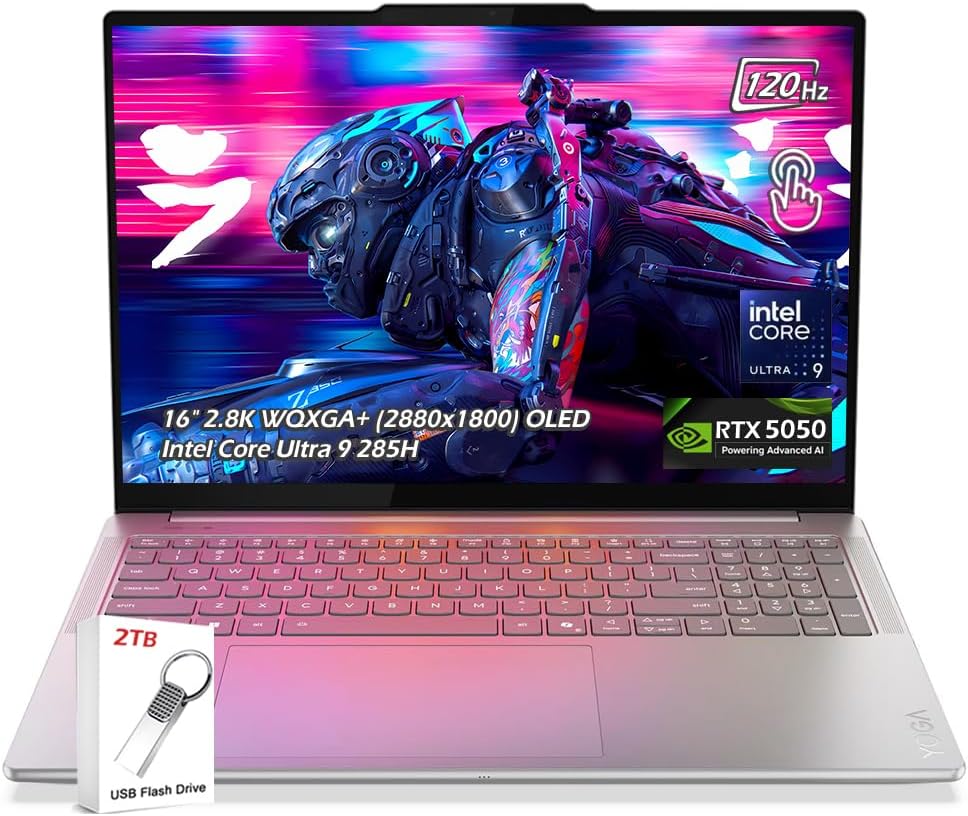 Lenovo Yoga Pro 9i 16 Laptop, Intel Ultra 9-285H, 16' 2.8K WQXGA+ (2880x1800) OLED Touch, 32GB LPDDR5x RAM 2TB SSD, GeForce RTX 5050, WiFi7, Backlit KB, Win11, Luna Grey, w/2TB USB Drive, W/GaLiMu
