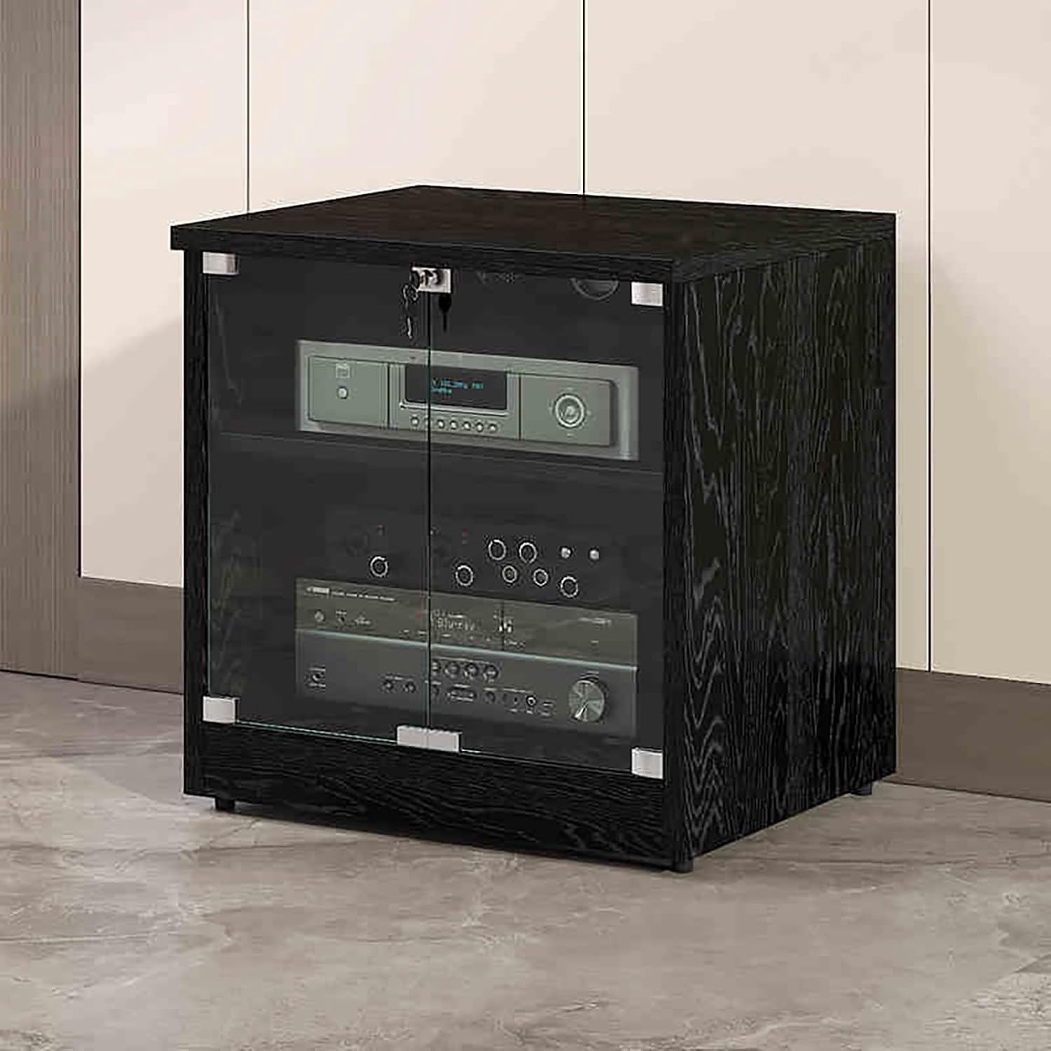 Media Cabinet AV Media Stand Stereo Cabinet with Adjustable Shelves Tempered Glass Doors and Cable Management, for Entertainment Stereo Racks Component(Black,60cm/23.6in)