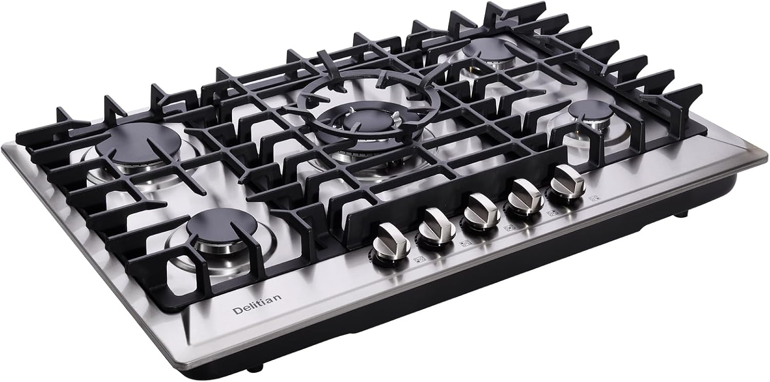 30 Inch Gas Cooktop Built-in 5 Burners Stainless Steel Gas Stovetop LPG/NG Convertible Dual Fuel Gas Hob DT5703