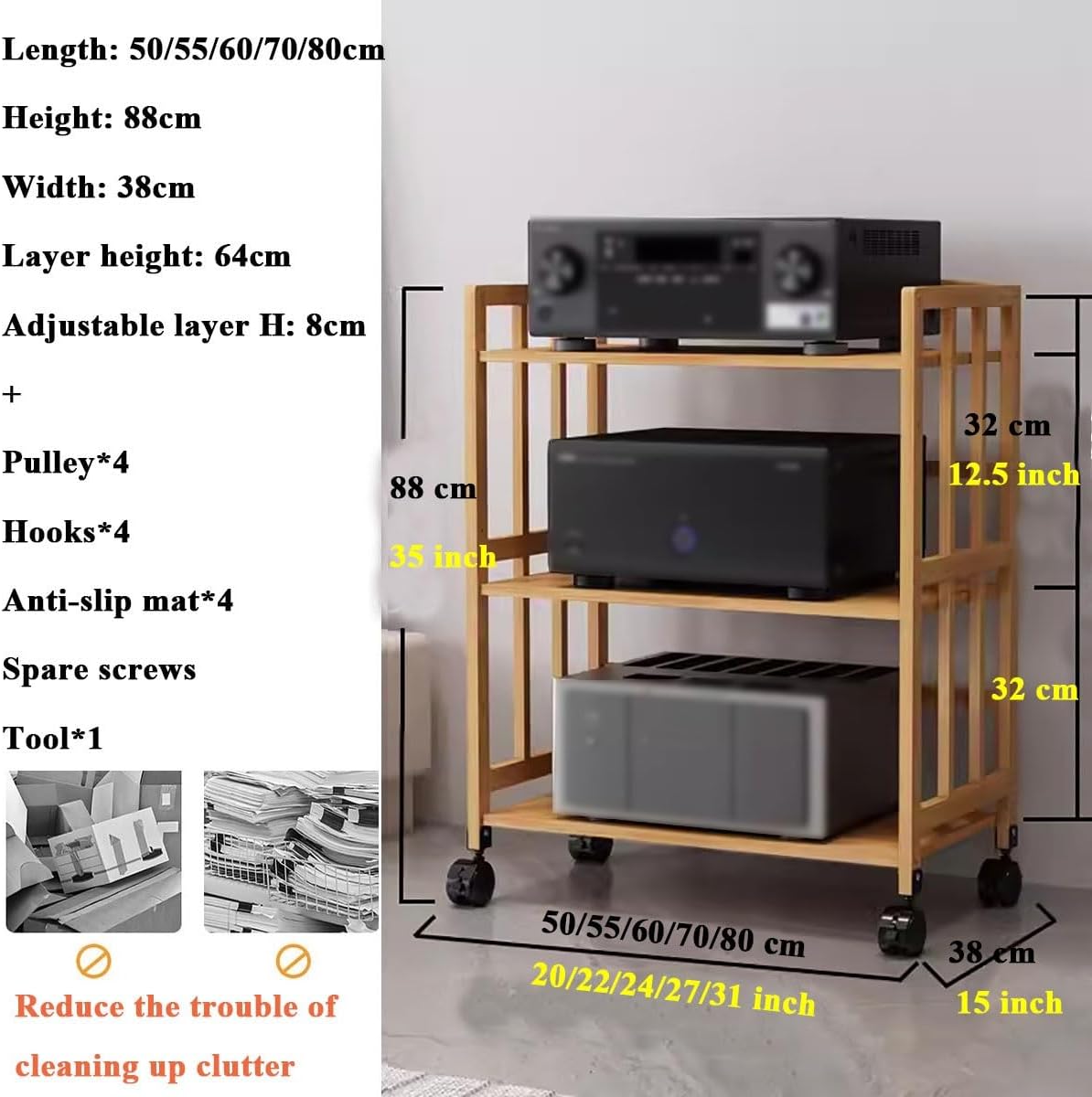 Media Stand 2/3/4/5 Tier Media Component Storage Unit Shelves, Movable Audio Video Tower DVD Cd Record Player Stand Stereo Equipment Cabinet, Turntable Holder for Living,W60Cm3 Tier
