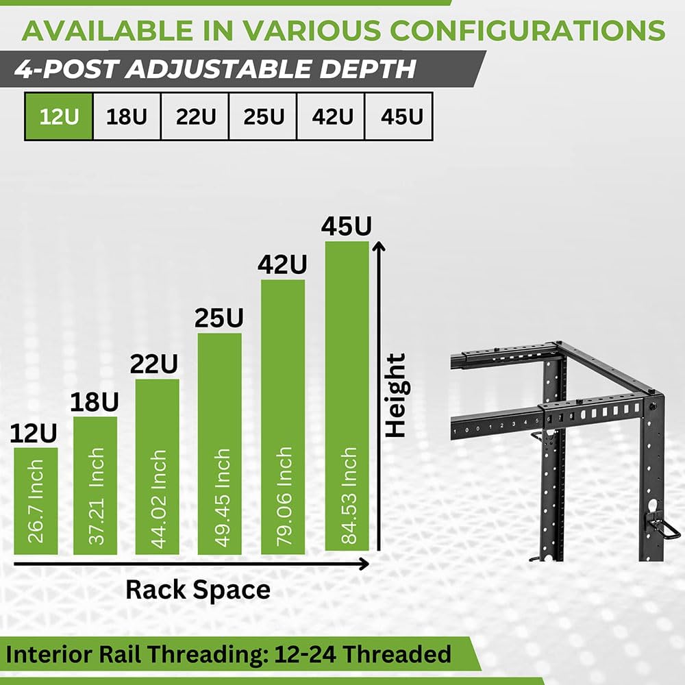 NavePoint 12U 4 Post Server Rack – Open Frame Rack for 19 Inch Equipment, Adjustable Depth 4-Post Network Rack with Casters Wheels, 12U Server Rack 1320lbs Capacity, Black