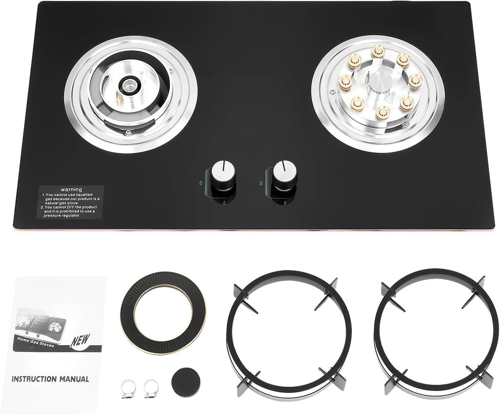 Dual Burner Gas Stove 5.2KW & 4.2KW - Professional Cooking with Flame Failure Protection & Tempered Glass Top for Home Cooks, Countertop/Embedded Installation