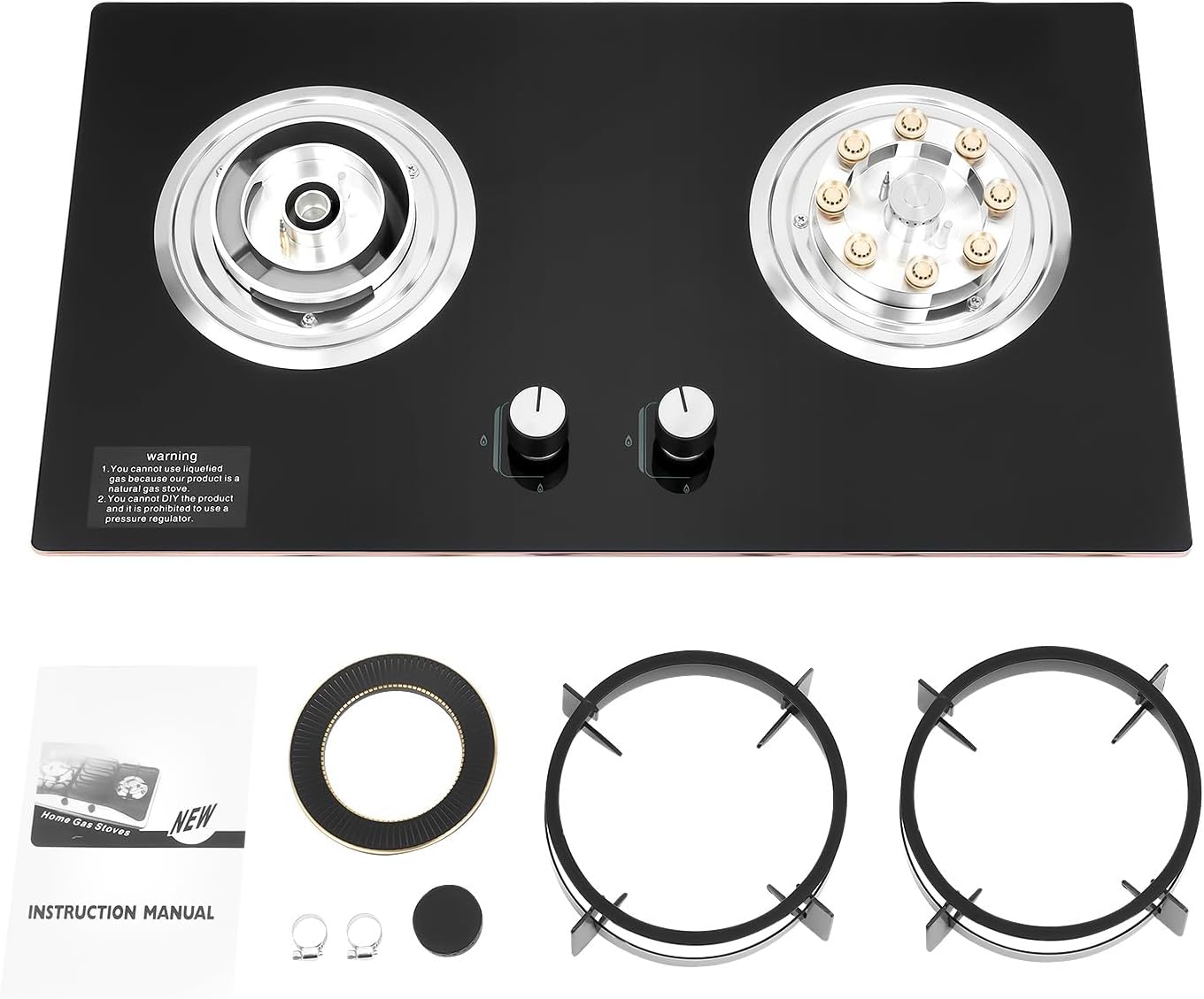 Dual Burner Gas Stove 5.2KW & 4.2KW - Professional Cooking with Flame Failure Protection & Tempered Glass Top for Home Cooks, Countertop/Embedded Installation