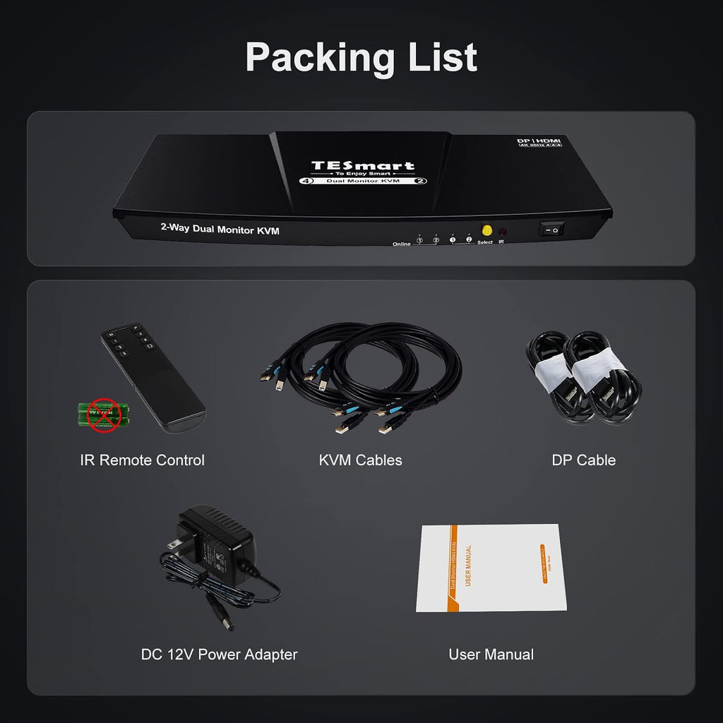 DisplayPort and HDMI KVM Switch 2 Monitors 2 Computers, TESmart 4 Port Dual Monitor KVM Switcher, 4K@60Hz, L/R Out, Keyboard Mouse PC Selector Box with All Input Cables (Black