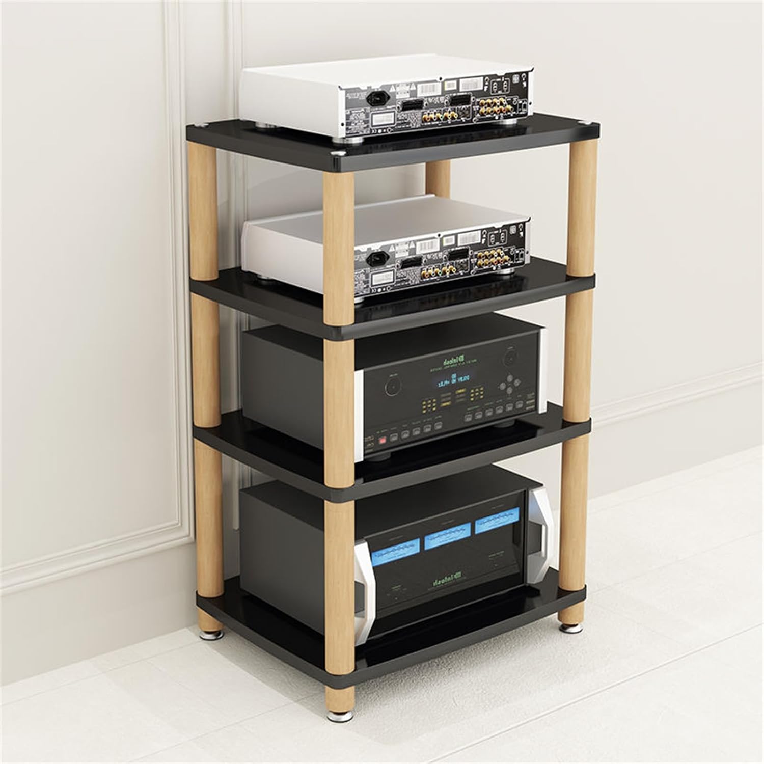 AV Media Stand 2/3/4 Tier Record Player DVD CD Audio Rack Tower Holder, Adjustable Media Storage Cabinet, Entertainment Stereo Racks Equipment Console Shelf,Black,4 Tier