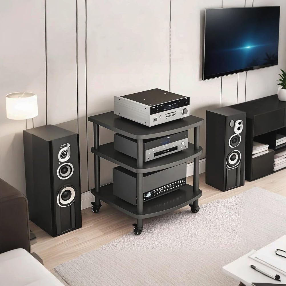 4-Tier AV Media Stand Audio Rack Tower Adjustable Height TV Game Console Equipment Shelf CD Record Player Stereo Component Rack Cabinet for Home Theater Studio,Black (with Wheels),3 Tier