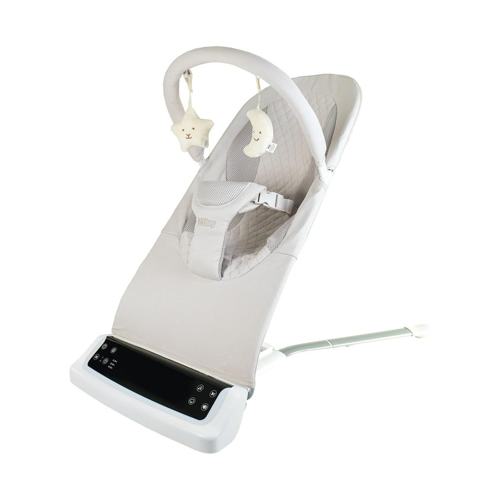 Nuby Deluxe Baby Bouncer Seat - Portable Infant Bouncer with Music, Fun Sounds, and Soothing Vibrations - Digital Display - 0-6 Months - Beige