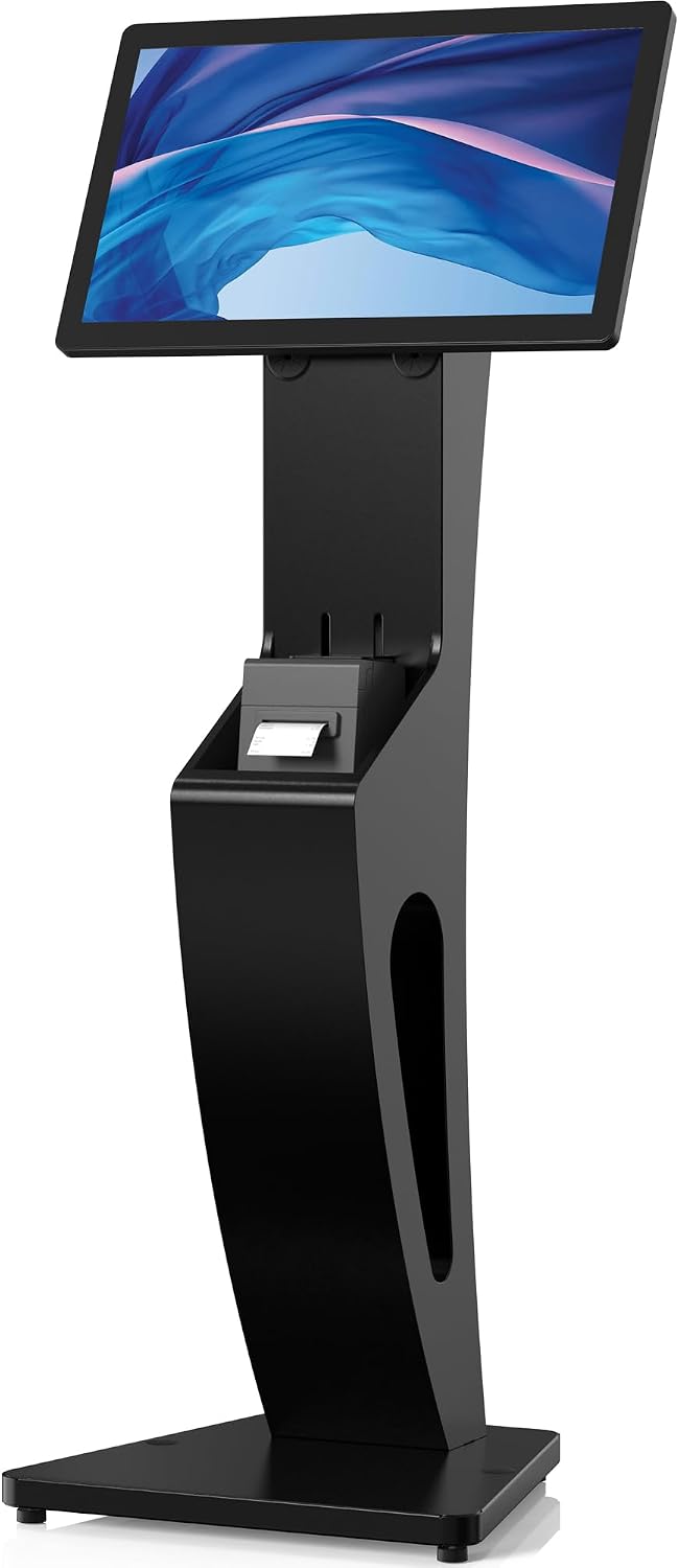 CTA Sleek Floor Stand Kiosk for Monitors – Floor Stand with Printer Slot 15' to 32' up to 60lbs - for Check-in & POS Stations & More - Black (ADD-LDSLEEK)