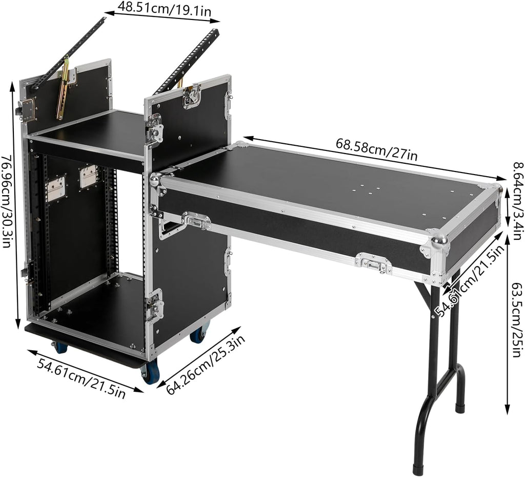 14U PA DJ Rack with DJ Table Tops, 661LBS Recording Studio Racks Audio Equipment Cabinet, Mobile Stereo Rack with Lockable Wheels for Studio/Wedding (Black)