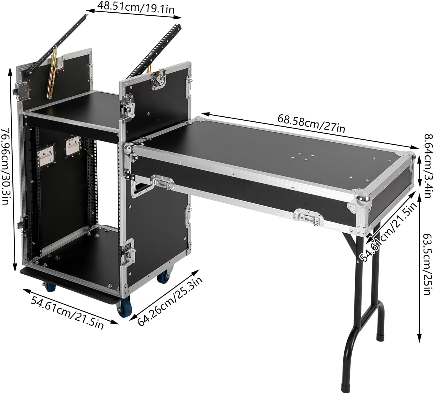 14U PA DJ Rack with DJ Table Tops, 661LBS Recording Studio Racks Audio Equipment Cabinet, Mobile Stereo Rack with Lockable Wheels for Studio/Wedding (Black)