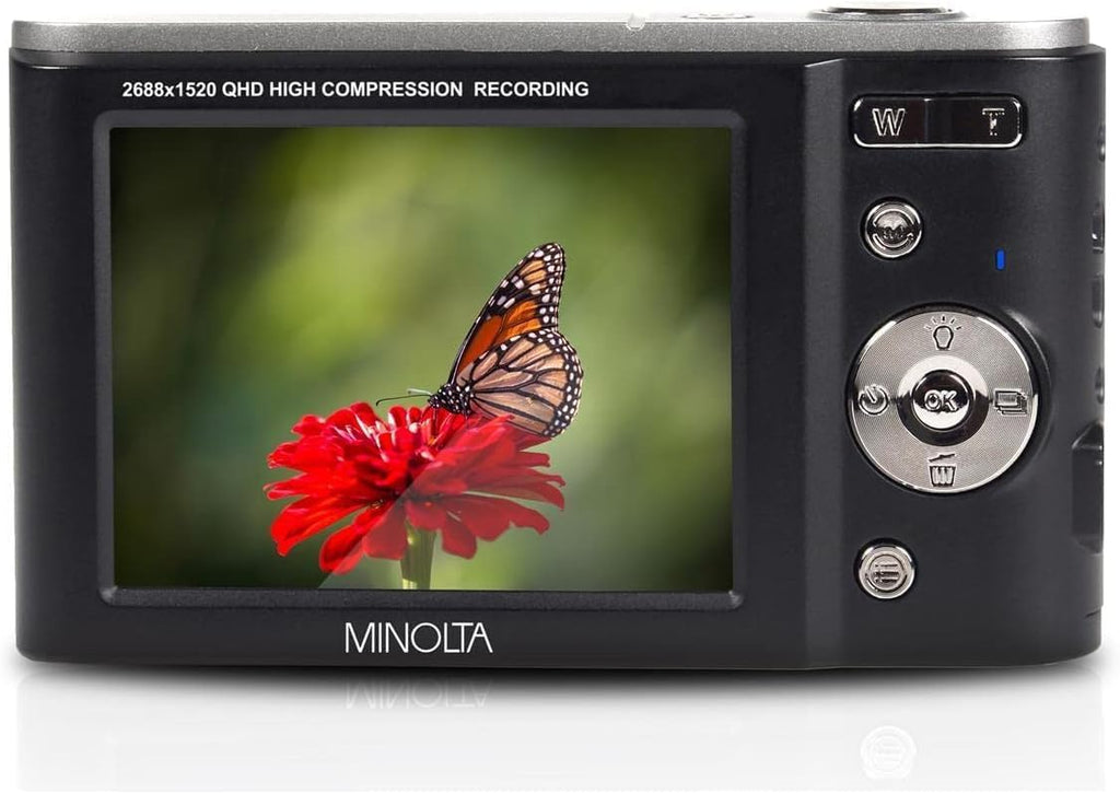 Minolta MND20 44 MP / 2.7K Quad HD Digital Camera (Black) + 32GB Memory Card + 12 inch Flexible Tripod + Memory Card Wallet + USB Card Reader, SD/microSD + More