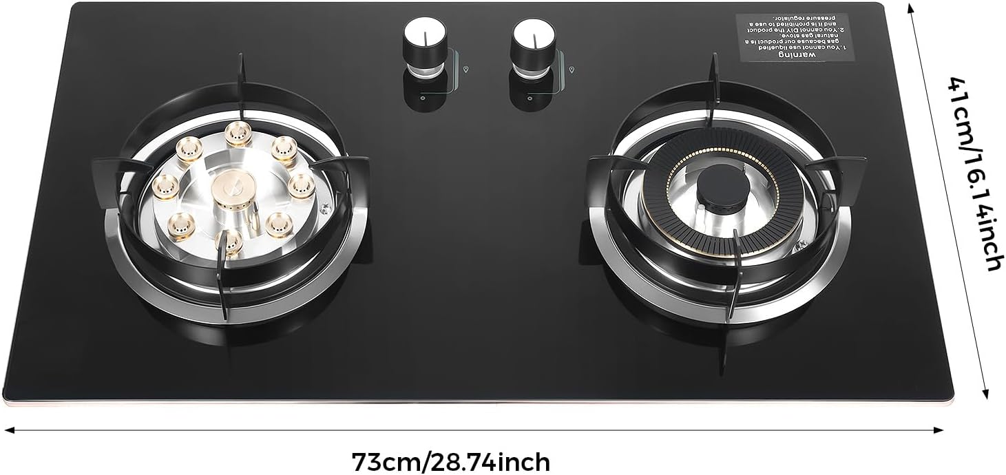Dual Burner Gas Stove 5.2KW & 4.2KW - Professional Cooking with Flame Failure Protection & Tempered Glass Top for Home Cooks, Countertop/Embedded Installation