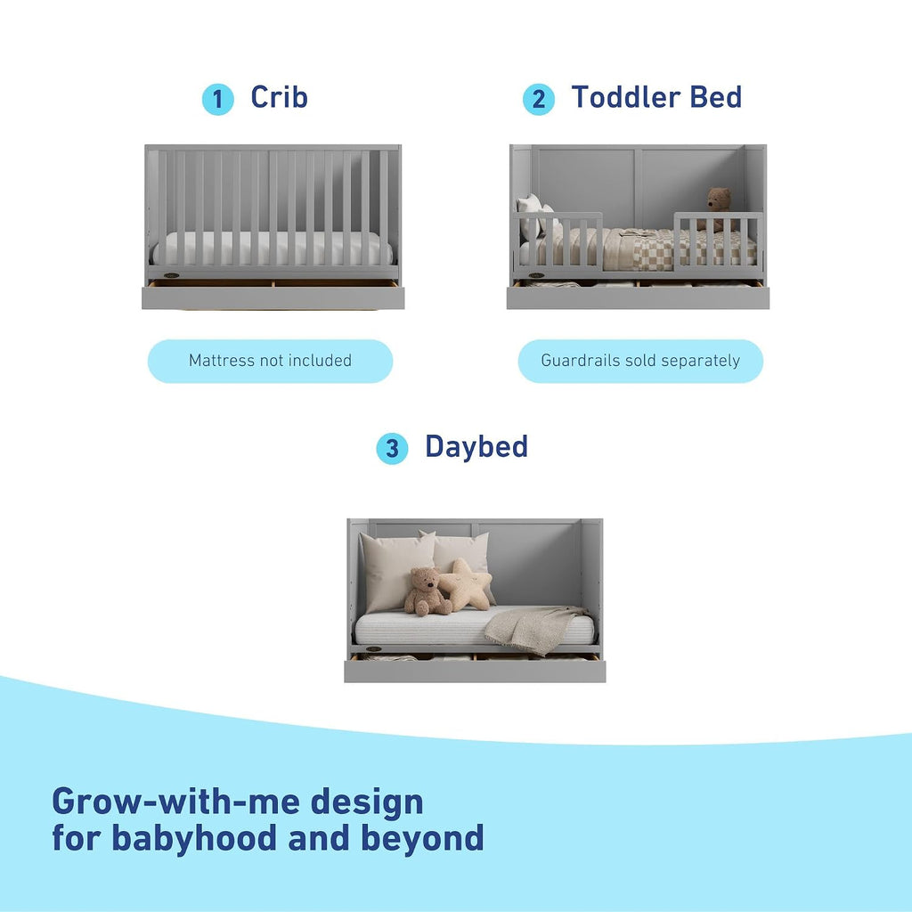 Graco Theo 3-in-1 Convertible Crib with Storage Drawer – GREENGUARD Gold Certified Baby Crib Crafted from Wood, Converts to Toddler Bed, Daybed, and Full-Size Bed (Pebble Gray)