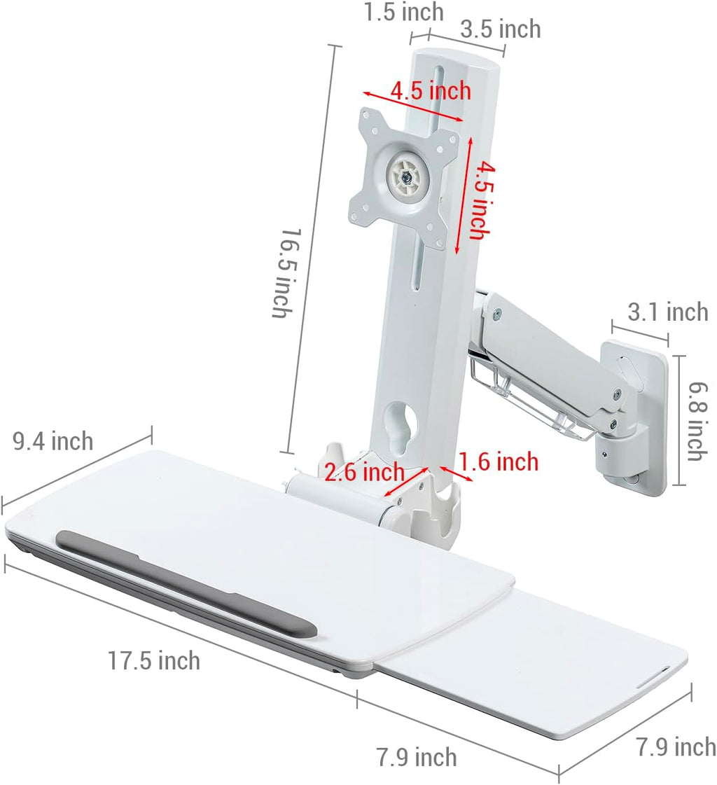MyGift Wall Mounted White Metal Medical Grade Monitor Screen Workstation with Height Adjustable Arm, Keyboard & Extension Tray & Mouse Holder for Healthcare and Dental Clinics, Fits up to 35' Monitor