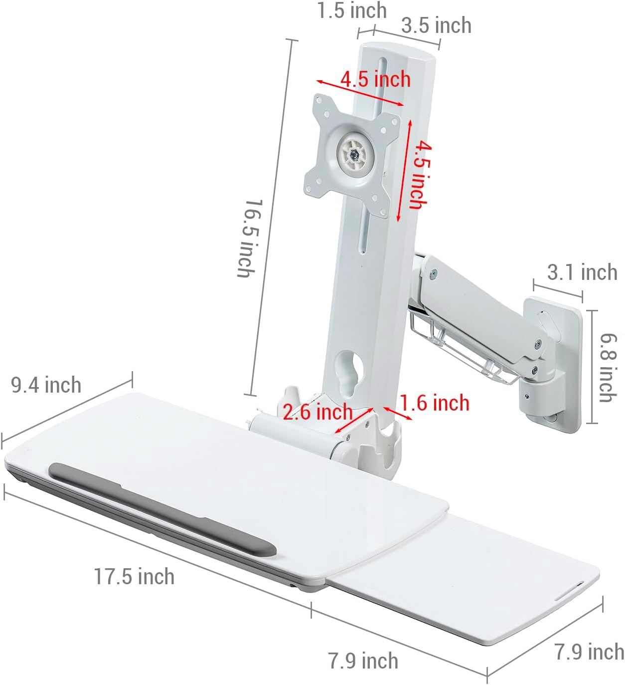 MyGift Wall Mounted White Metal Medical Grade Monitor Screen Workstation with Height Adjustable Arm, Keyboard & Extension Tray & Mouse Holder for Healthcare and Dental Clinics, Fits up to 35' Monitor