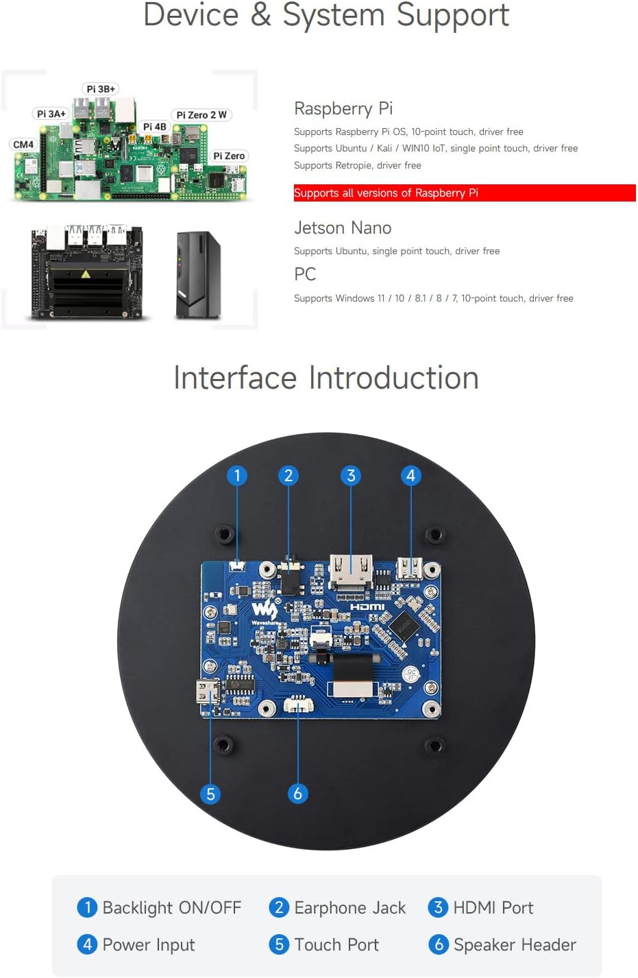 waveshare 5inch HDMI Round Touch Display, 1080 × 1080 Resolution, IPS, 10-Point Touch, Compatible with Raspberry Pi 5/4B/3B/Zero/Zero W/Zero 2W/Pico/Pico W/Pico WH