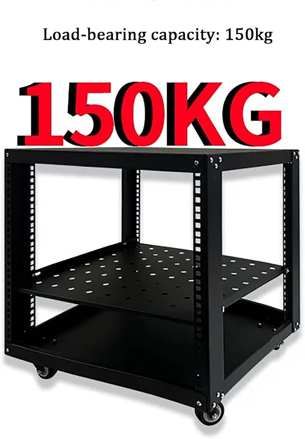 Adjustable Steel Audio Rack with Wheels, Movable Media Stand & Storage Cabinet, Black Entertainment Center, Height-Adjustable Shelves for AV & Video Equipment (50x45x59.4cm)