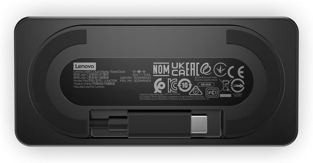 Lenovo USB-C Dual Display Travel Dock w/ 100W Power Adapter - 7 Ports, Integrated USB-C Cable, Universal Compatibility, Dual Displays at 4K - Black