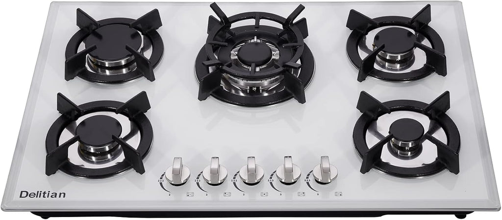 30 Inch Gas Cooktop DTW5701 White Tempered Glass Stovetop, 5 Burners LPG/NG Convertible Stove Thermocouple Protection Cooktop